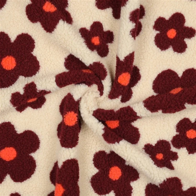 Teddystoff Blumen Hellbeige/weinrot