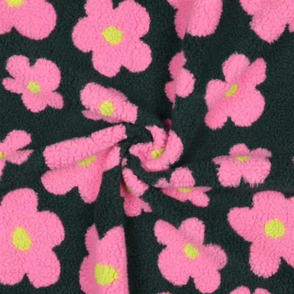 Teddystoff Blumen dunkeloliv/Hellpink